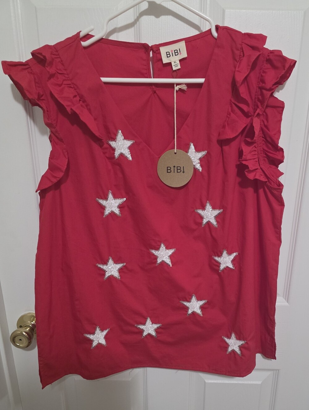 BiBi Red Ruffle Sleeve Sequin Star Appliqué Top